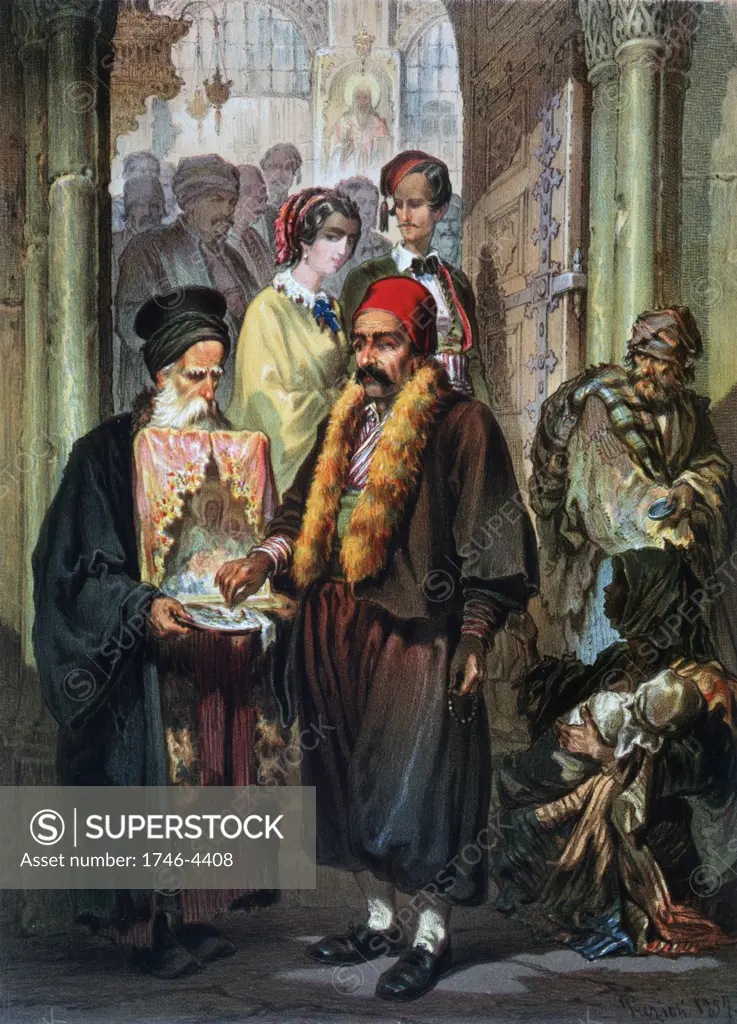 Souvenirs of the East: The Mendicant', 1857. Oil on canvas.  Amedeo Preziosi (1816-1882) Italian painter. Two meanings of Mendicant at church door; traditional beggars, right, a Religious living  by receiving alms. Turkish Ottoman