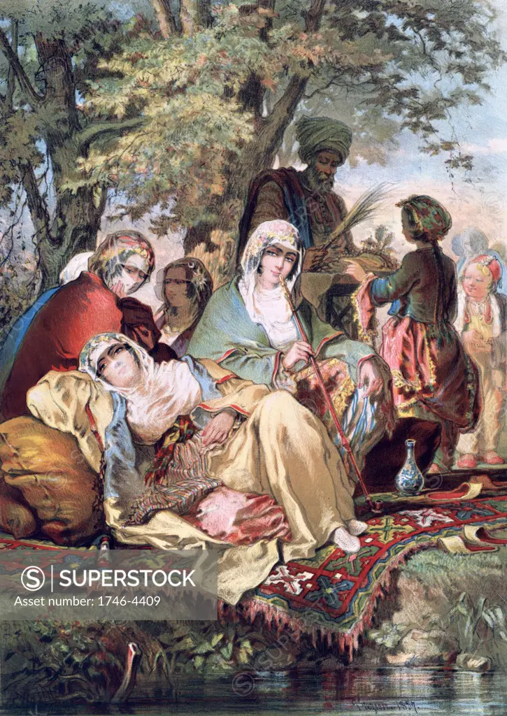 Souvenirs of the East:  Harem', 1857. Oil on canvas. Women of the Harem lounging and smoking under trees by water. Carpet Cushion Veil Languor