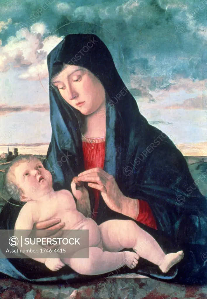 Madonna and Child' 1480. Giovanni Bellini (1426-1516) Italian Renaissance painter. Mother Infant Virgin Blue