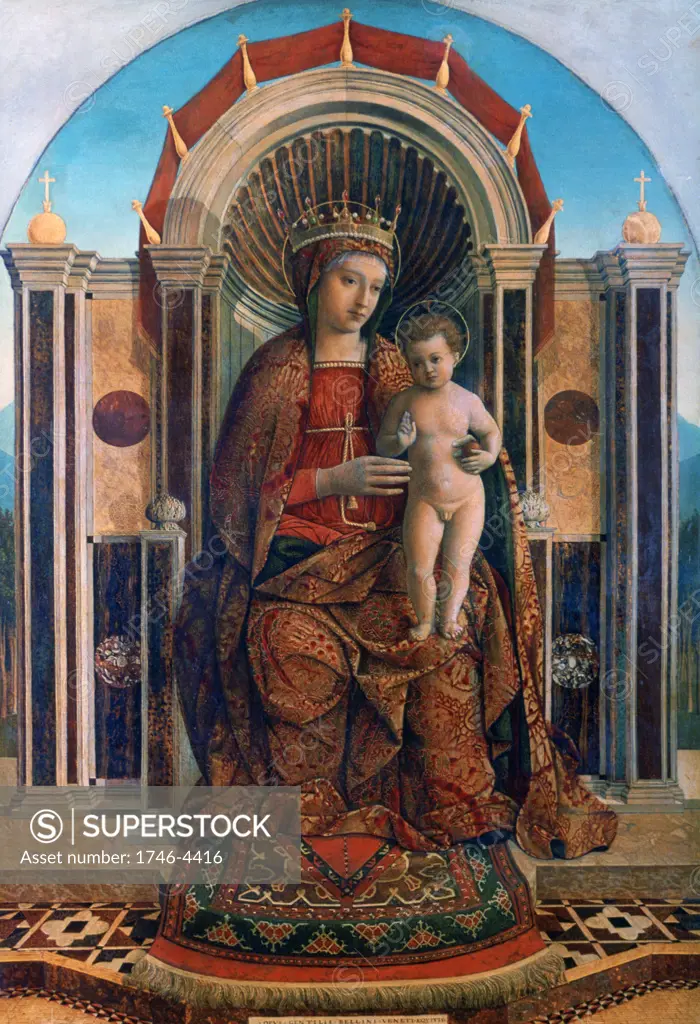 Virgin and Child Enthroned' c1475-1485. Oil on wood. Gentile Bellini (active c1460. died 1507) Italian Renaissance painter. Throne Marble Crown Halo Pomegranate Passion Carpet Mother Infant