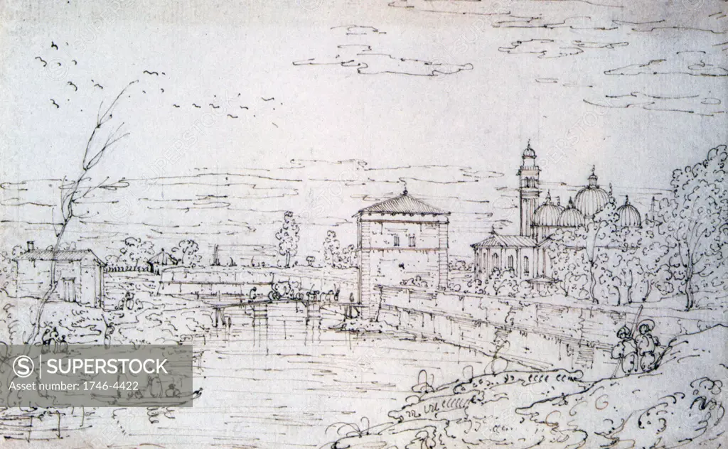 View of Padua with the Porta Pontecorvo and the Church of Santa Maria Giustina. Pen, black ink and traces of crayon. Bernardo Bellotta (1720-1780) Italian painter. Italy Padova City Gate
