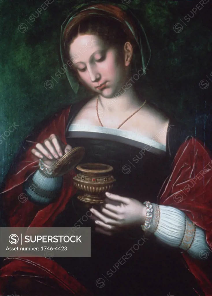 Mary Magdalene'. Oil on oak panel. Saint Ambrosius Benson (c1495-1550) Flemish Northern Renaissance painter.  Devoted follower of Jesus, here with pot of ointment which she poured over his head: Mark 13.3-9. Christian Saint