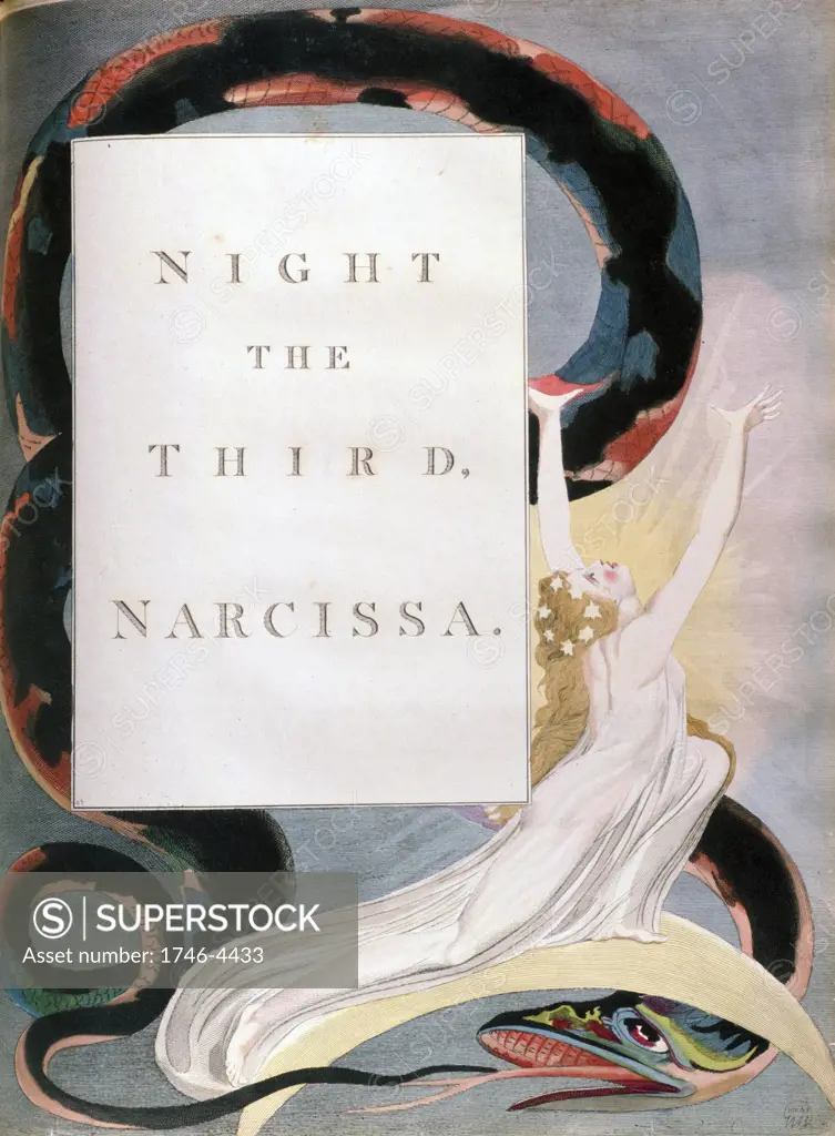 Illustration by William Blake (1757-1827) English poet, painter and printmaker, for  Edward Young's (1681-1765) poem  Night Thoughts published 1742-1745. Night the Third, Narcissa. Dedicated to Margaret Bentinck.