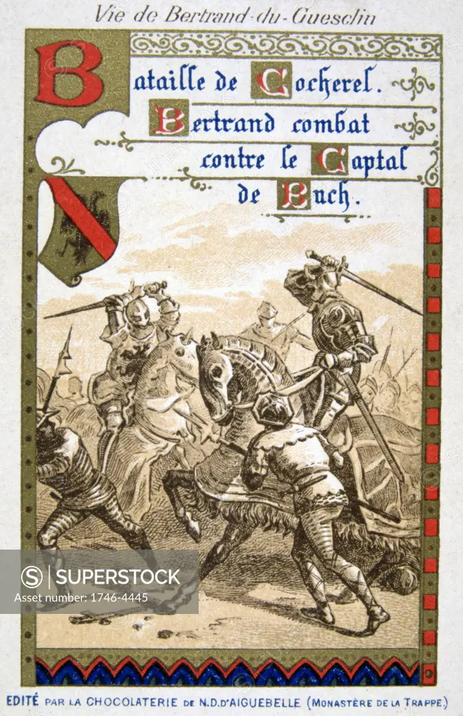 Bertrand du Guesclin or Gueselin (c1320-1380) 'Eagle of Brittany', French military commander. Guesclin defeating Captal de Buch, 16 May 1364. French military commander during the Hundred Years' War.  Trade Card
