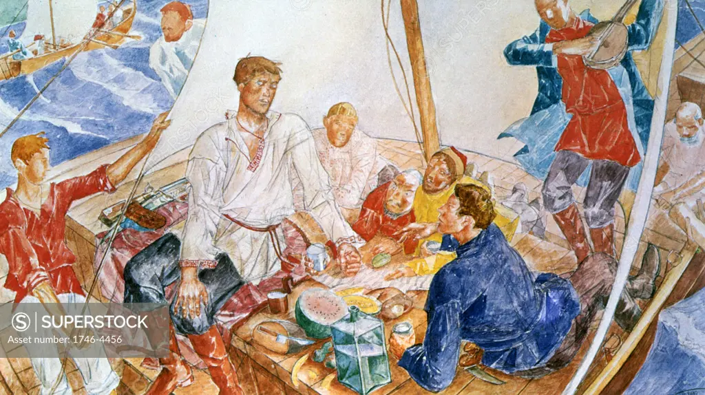 Stepan Razin', 1918. Watercolour. Kuzma Petrov-Vodkin (1878-1939) Russian painter. Stepan (Stenka) Razin (1630-1671), Cossack who led uprising against the  Tsar and bureaucracy, sailing down the Volga. Russian Folk Hero