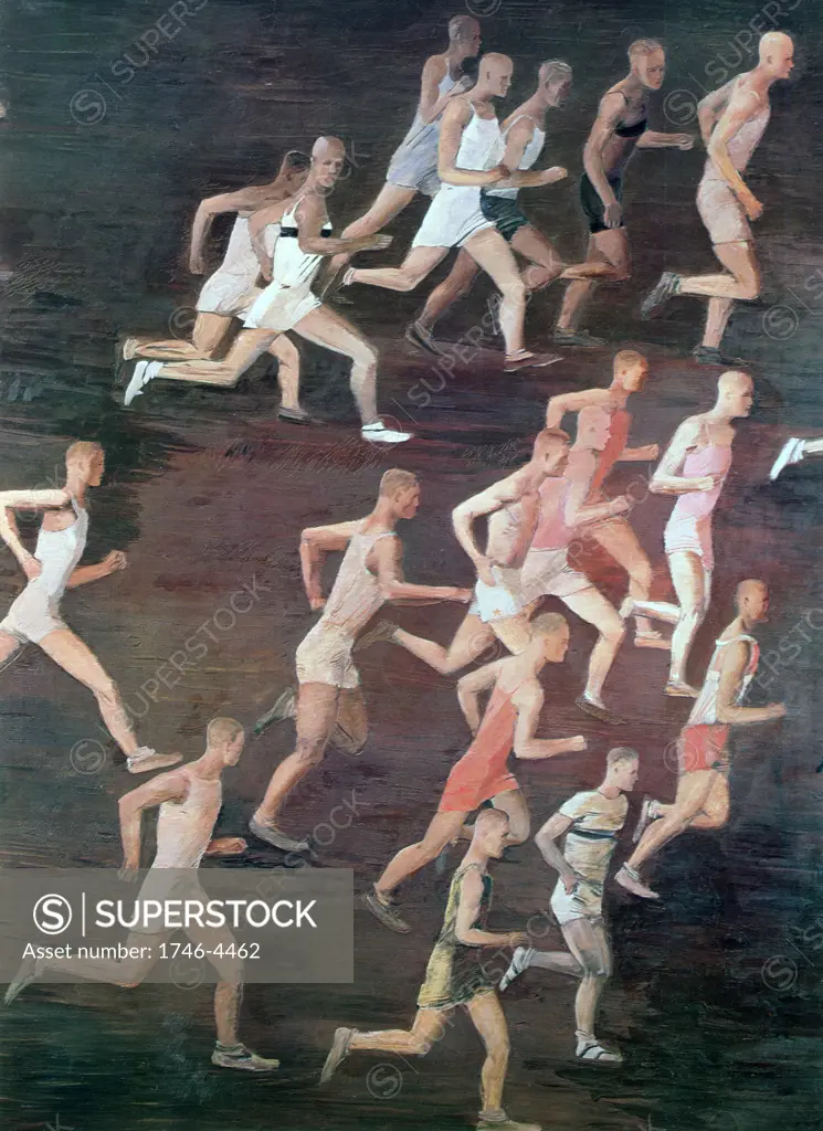Running', Alexander Alexandrovich Deyneka (Dieneka - 1899-1969) Russian modernist figurative painter, sculptor and graphic artist.  Seventeen male athletes on running . Sport Athletics Race