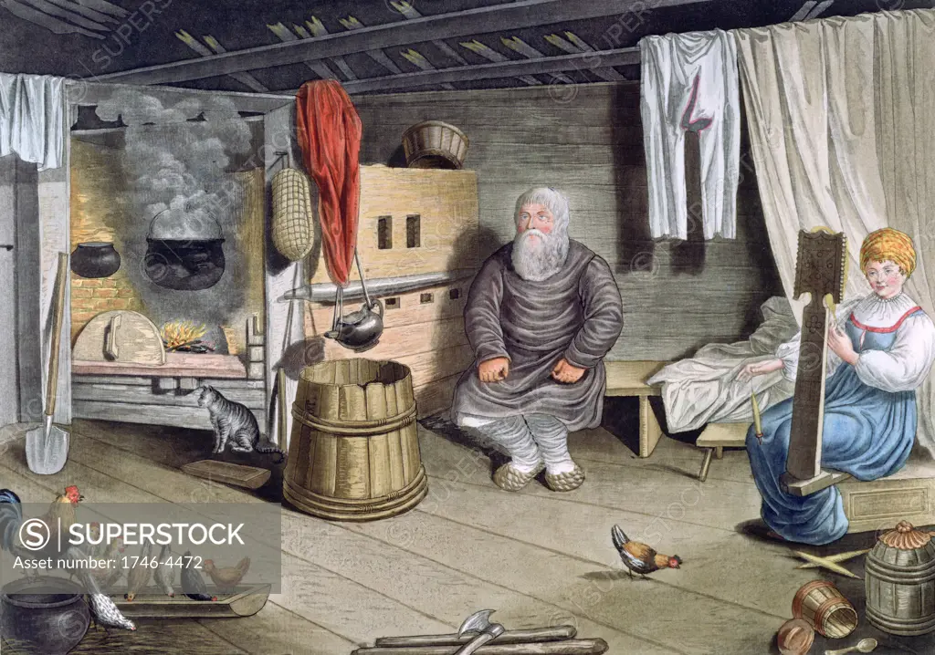 Russian Manners and Customs', 1821. Coloured lithograph. Peasant Interior: Husband and wife in their wooden dwelling. Textile Spinning Beard Cooking Fire Cauldron Chickens Cat Barrel Heating Stove Bench