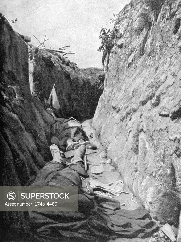World War I 1914-1918.  Dead German soldiers in  a trench. From 'Le Pays de France, 12 August 1915.