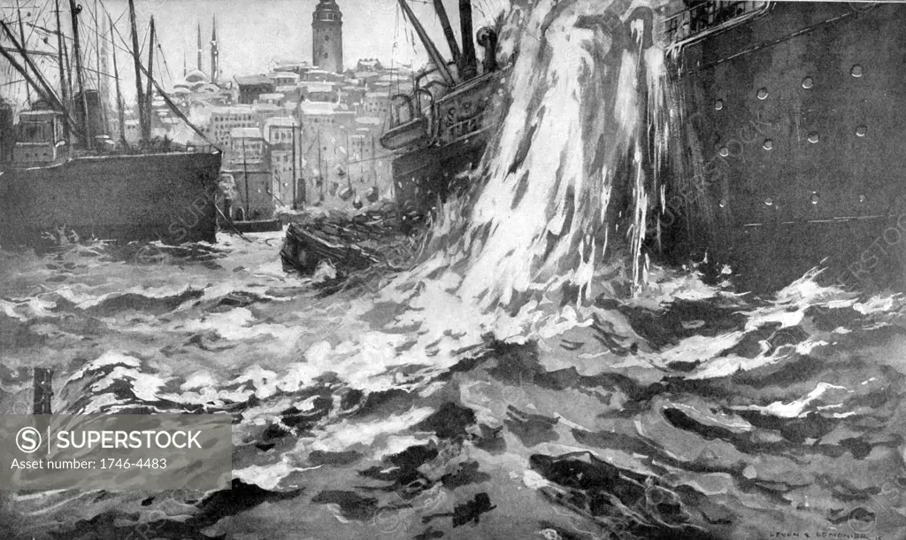World War I 1914-1918. Torpedo from British submarine hitting Turkish transport ship in front of the Arsenal at Constantinople (Istanbul). Dardanelles Campaign.   From 'Le Pays de France, 10 June 1915.