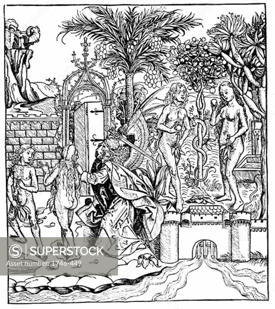 Adam and Eve eat from the Tree of Knowledge and are expelled from the Garden of Eden by the Angel of the Lord From "Liber Chronicarum Mundi" (Nuremberg Chronicle) by Hartmann Schedel 1493, Woodcut
