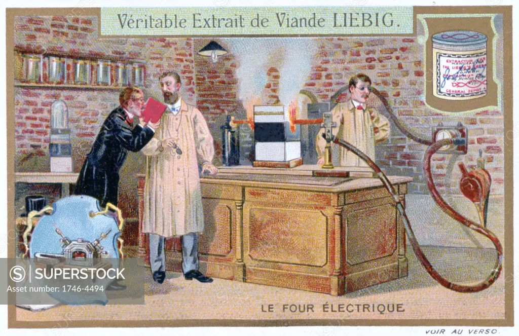 Electric furnace.  Liebig Trade Card c1910. Technology Electricity.