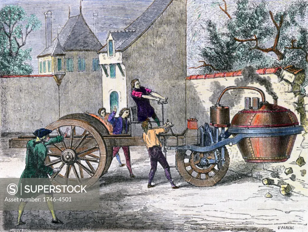 Steam carriage designed by Nicholas Cugnot (1725-1804) French inventor built in 1769. Said to be the first self-propelled mechanical vehicle, here having the first automobile accident. Mid-19th century engraving  Transport Steam