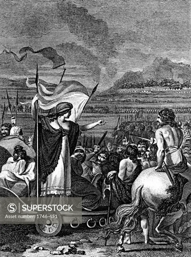 Boadicea-1st century British queen of Iceni, standing in her chariot with her weeping, dishonoured daughters, haranguing her troops. Finally overwhelmed by Romans, Boudicca is said to have taken poison. Copperplate engraving 1824