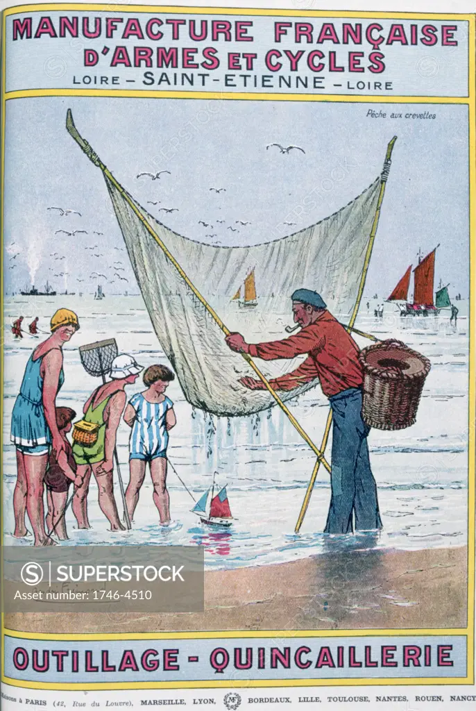 Cover of catalogue of Manufrance (Manufacture Francaise d'Armes et Cycles) Saint Etienne, c1920.  Shrimping. Seaside holidaymakers with professional fisherman taking catch from his net. Food Shellfish Tourism