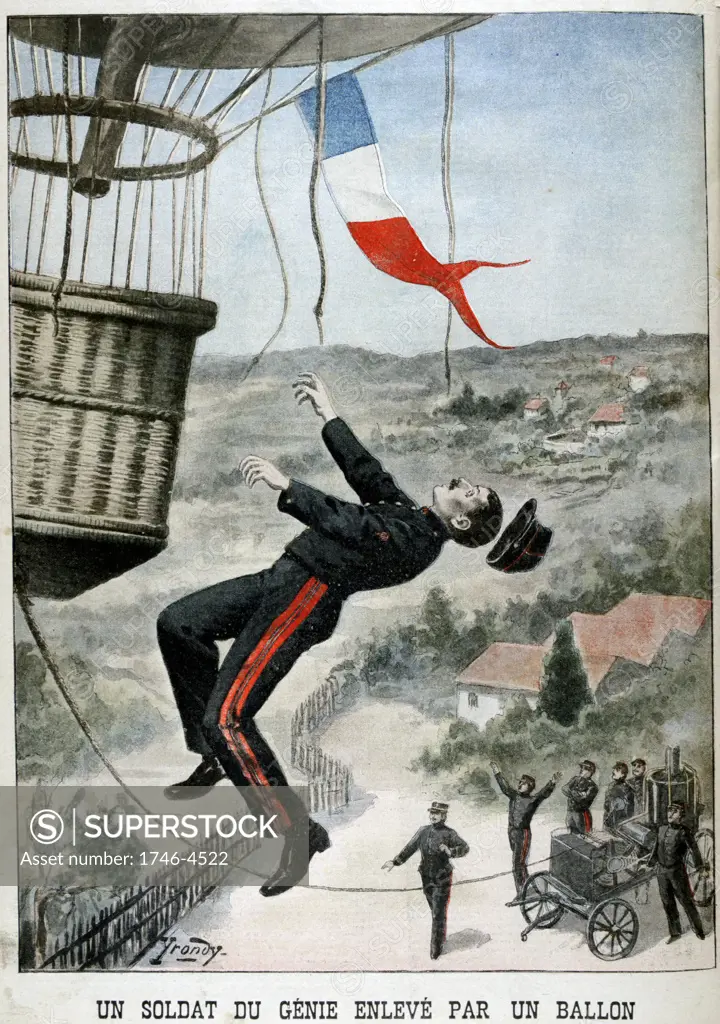 Soldier of the French ballooning corps, accidentally carried up on a captive army balloon, falling to his death when he could no longer hold on.  'Le Petit Journal',  12 May 1901. Accident Ballooning Military