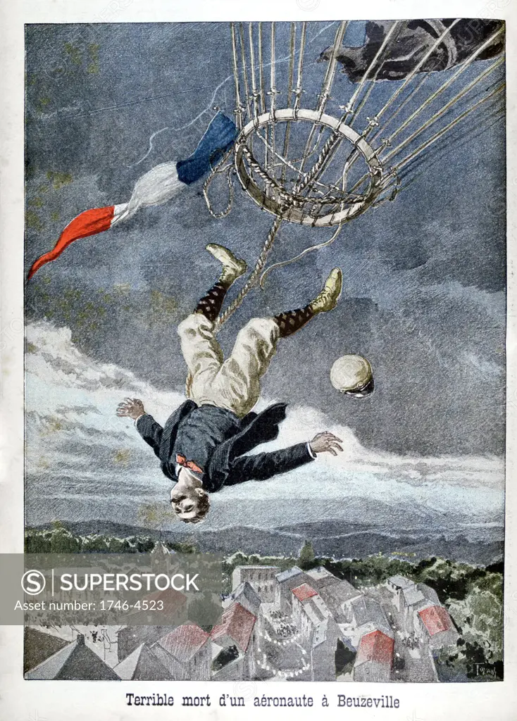 A French aeronaut falling to his death from a balloon over Beuzeville, France. From 'Le Petit Journal' 30 June 1899. Aeronautics Aviation Accident Ballooning