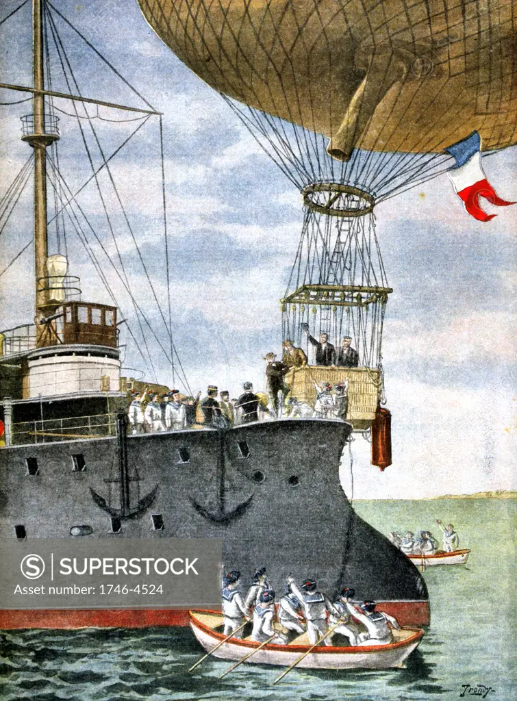 French balloonists flying between Toulon and Algeria stepping out of the basket (gondola)  in the open sea onto the deck of a French naval vessel.  From 'Le Petit Journal', 3 November 1901. Aviation Aeronautics