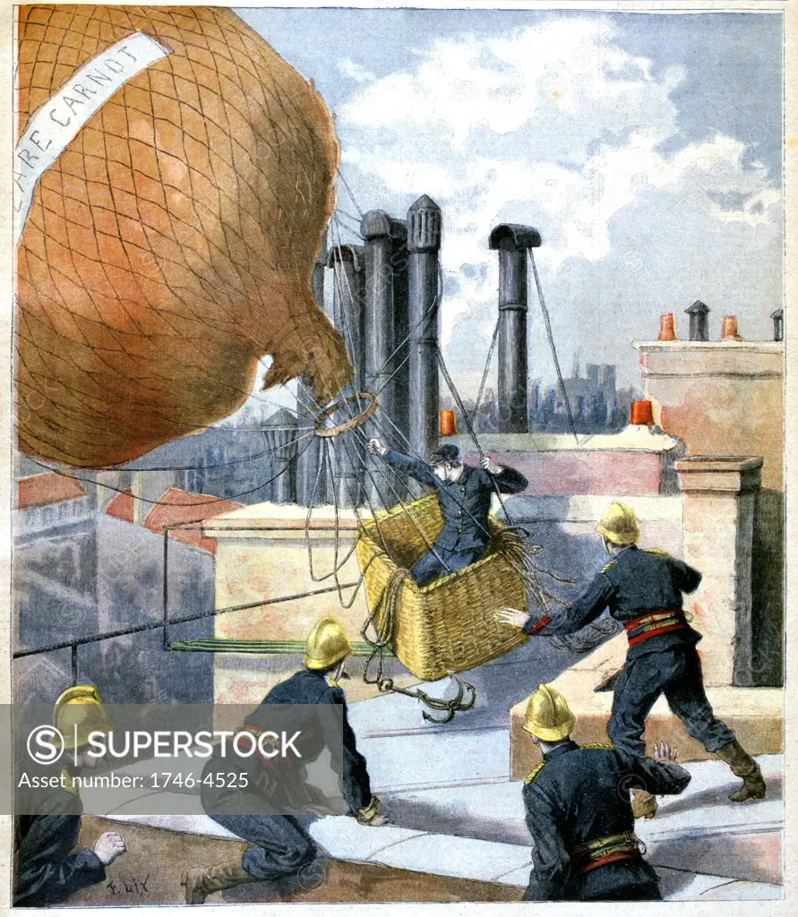 Paris firemen on the rooftops trying to capture a balloon with its ropes entangled round  chimney pots and to rescue the aviator in the basket. From 'Le Petit Journal', 28 May 1894. Aviation Aeronautics Ballooning Accident