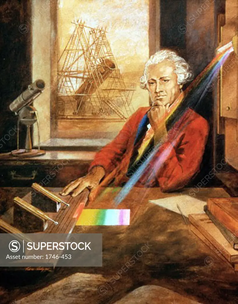 William Herschel (1738-1822) German-born English astronomer, investigating heating effect of infra-red (published 1800) In background is Herschel's 40ft reflecting telescope. Artist's reconstruction