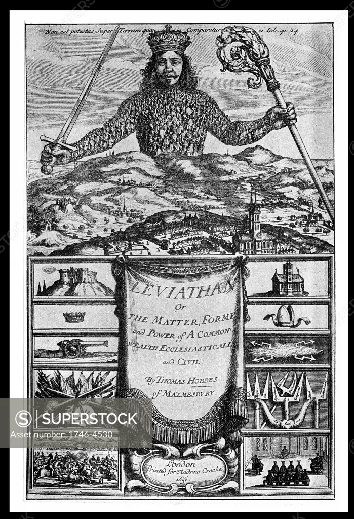 Title page of Leviathan by Thomas Hobbes (London, 1651). Hobbes (1588-1679) English political philsopher. Argued for absolute rule.