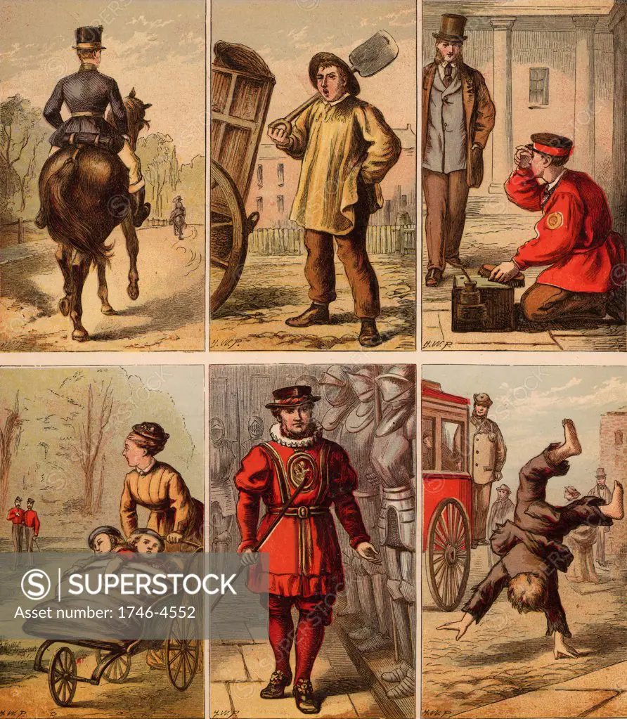 London street scenes.  Groom: Dustman: Bootblack: Nursemaid (eyeing up soldiers): Beefeater: Boy turning somersaults for pennies. Illustrations by Horace William Petherick (1839-1919) for a children's book published London, c1875.  Chromolithograph.