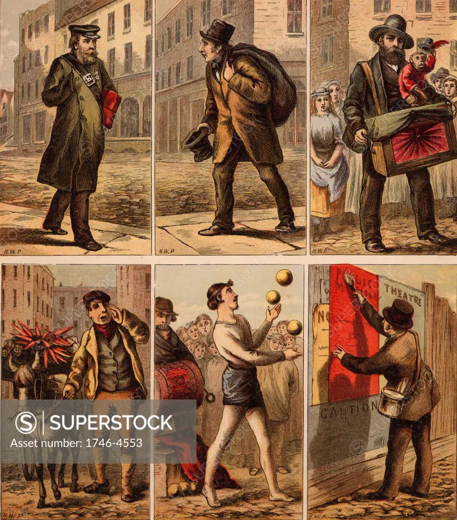 London street scenes. Messenger: Old Clothes Man: Organ Grinder: Vegetable Seller: Juggler: Billposter. Illustrations by Horace William Petherick (1839-1919) for a children's book published London c1875. Chromolithograph