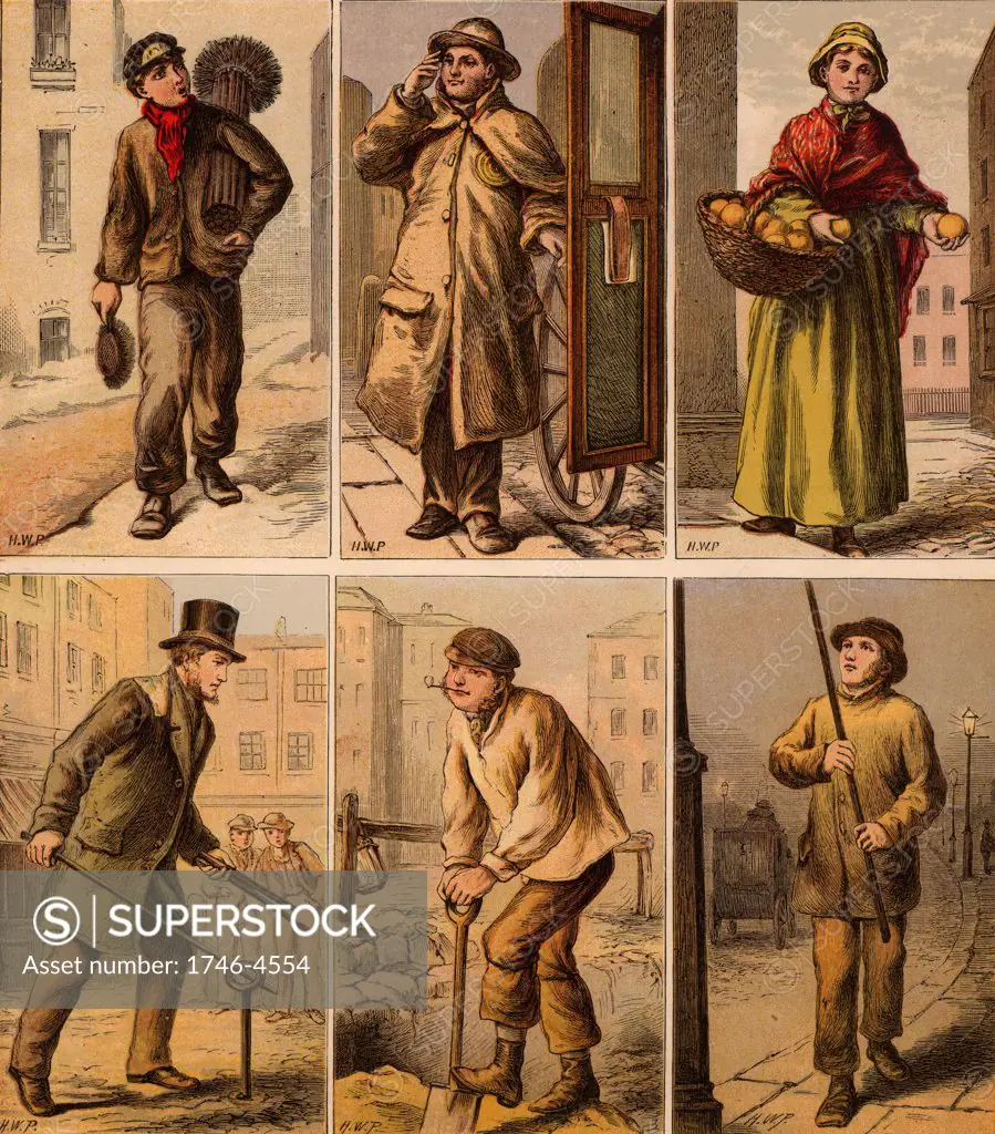 London street scenes. Boy Chimney Sweep: Cab driver: Orange Seller: Water Board Man turning a stopcock: Digging up the road: Lamplighter lighting a gas street lamp. Illustrations by Horace William Petherick (1839-1919) for a children's book published London c1875. Chromolithograph.