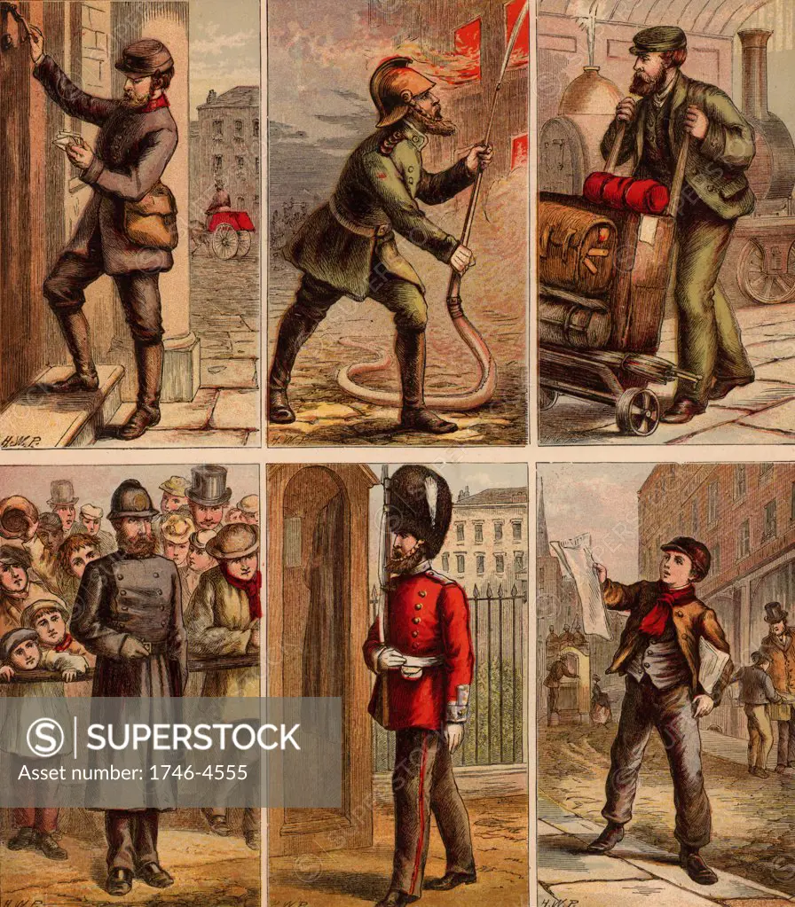 London street scenes. Postman delivering letters: Fireman fighting a fire: Railway Porter with trolley of luggage: Policeman on crowd duty: Guardsman of sentry duty: Newsboy selling papers.. Illustrations by Horace William Petherick (1839-1919) for a children's book published London c1875.