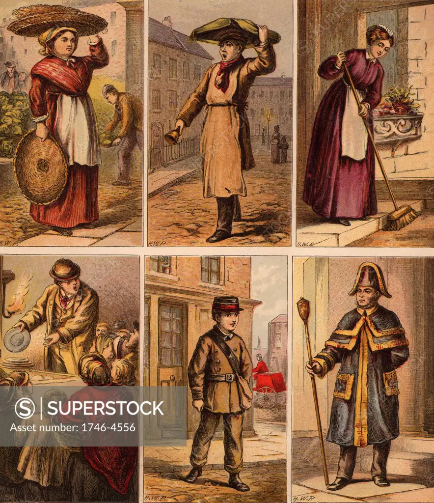 London street scenes. Fishseller: Muffin Man (with bell): Housemaid: Huckster selling crockery: Telegram boy. A Beadle. Illustrations by Horace William Petherick (1839-1919) for a children's book published London c1875.