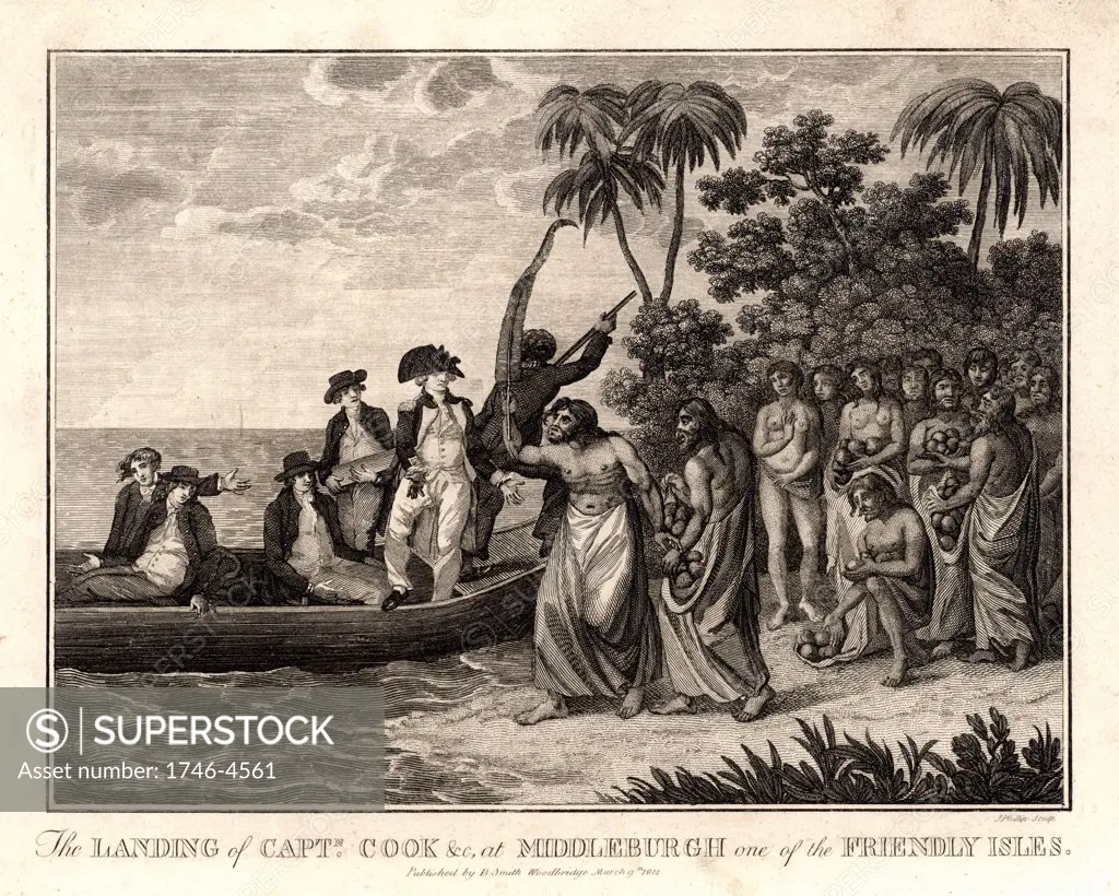James Cook (1728-79) English explorer and navigator and hydrographer landing on the Friendly Islands (Kingdom of Tonga) in 1773. From Captain Cook's Original Voyages Round the World (Woodbridge, Suffolk, c1815).  Engraving.