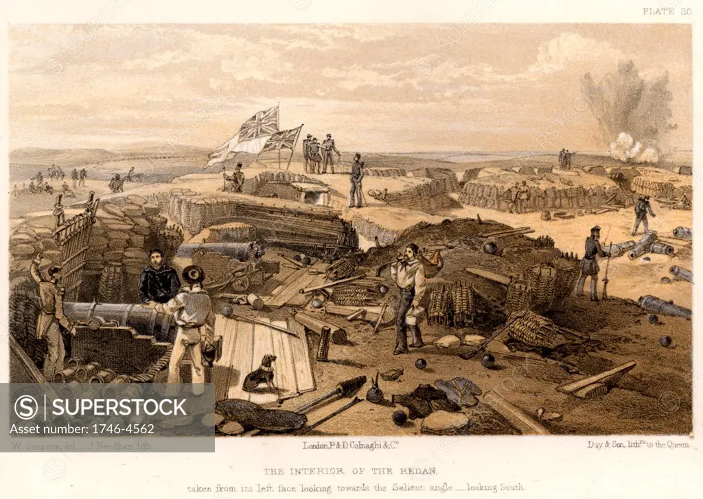 Crimean War (Russo-Turkish War) 1853-1856. Siege of Sebastopol, October 1854 to September 1855.  British troops inside the captured Redan. Tinted lithograph after William Simpson (1823-1899).