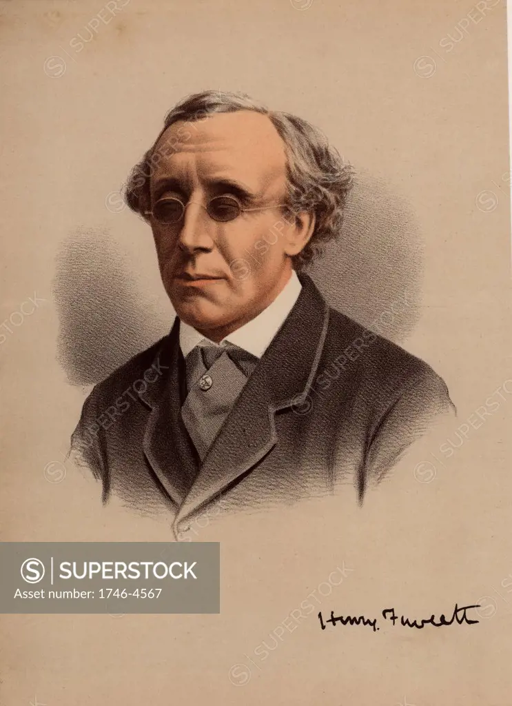 Henry Fawcett (1833-1884), English politician and economist, born in Salisbury, Wiltshire. Postmaster-general (1880-1884), he introduced the parcel post in 1882. Blinded in a shooting accident in 1858.  From The National Portrait Gallery (London, c1880).