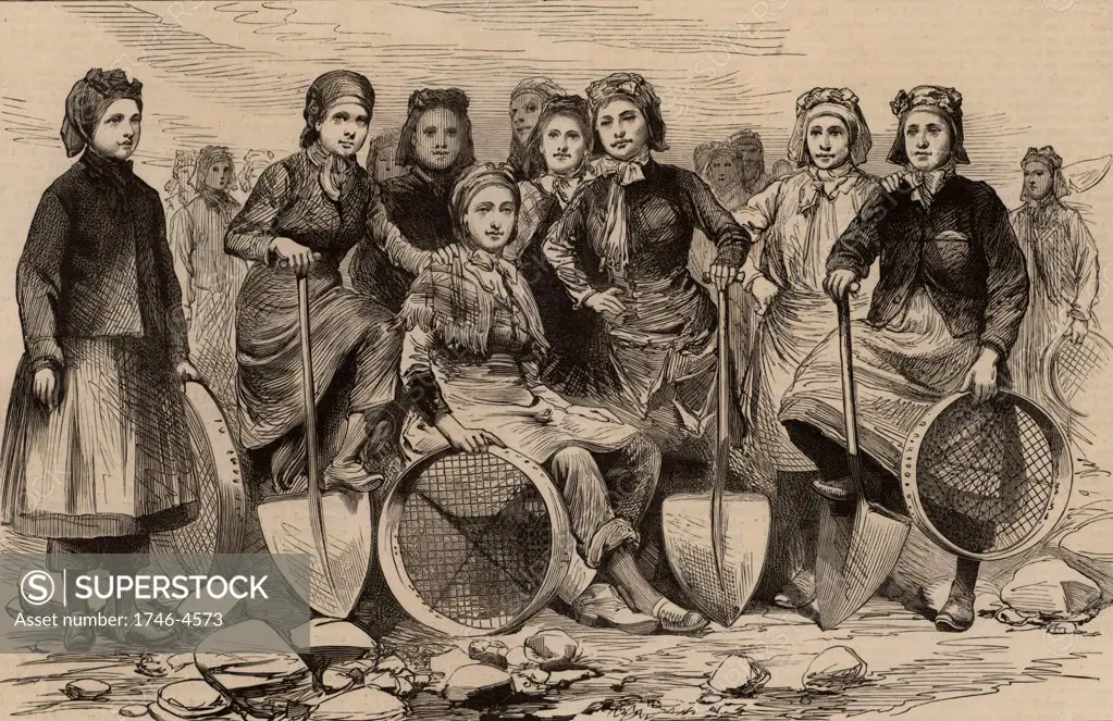 A Lancashire colliery pit-brow women.  In 1887 some of these women travelled to London to lobby the Home Secretary to resist the proposed clause in the Mines Regulation Bill which would prevent them doing this traditional work which was, by many, thought unsuitable for women.  From The Illustrated London News (London, 28 May 1887). Engraving.