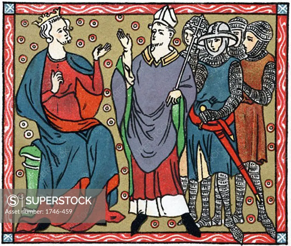 Henry II (1133-1189) King of England from 1154: Henry disputing with Thomas a Becket (1118-1170) Archbishop of Canterbury, Mailed figures are four knights who murdered Becket, Chromolithograph after medieval manuscript,