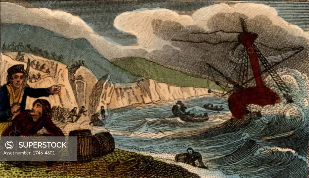 Wreckers in Cornwall, England, collecting anything useful they can from the wreck of a ship they have lured to destruction on the shore.    From Scenes in England by the Rev. Isaac Taylor, London, 1822. Hand-coloured engraving.