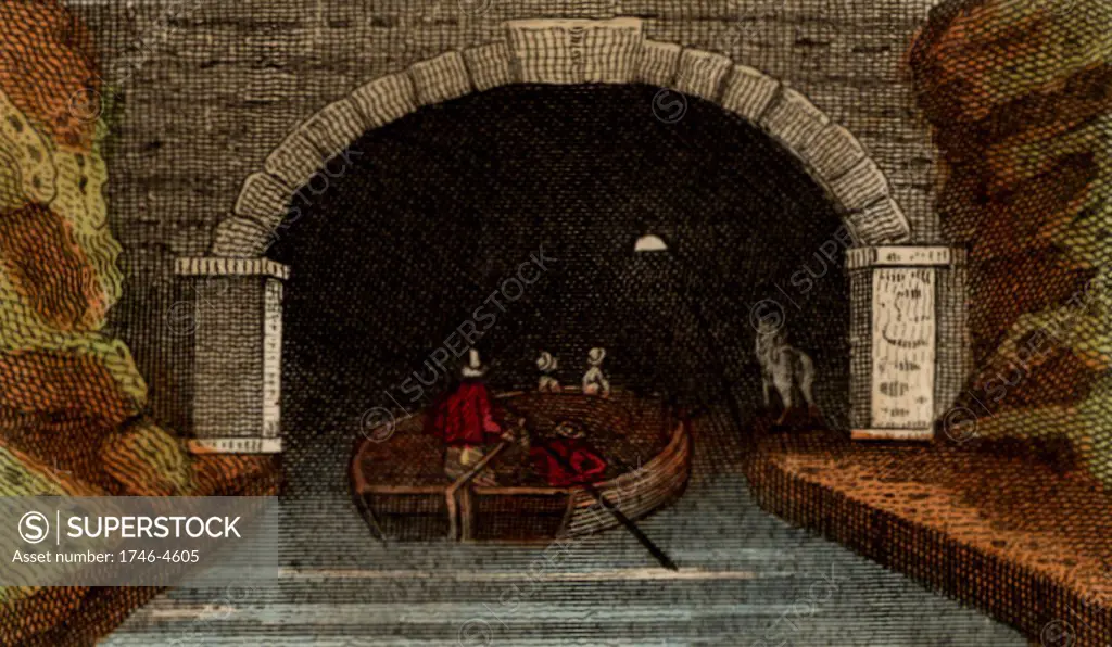 Entrance to the first Harecastle tunnel on the Grand Trunk (later Trent and Mersey) Canal. Built by the English civil engineer James Brindley (1716-1772) between 1770 and 1777. There was no towpath and the bargees had to leg their boats along the 2,880 yards (2,632.72 metres).  Closed after a partial collapse in 1914.   From Scenes in England by the Rev. Isaac Taylor, London, 1822. Hand-coloured engraving.