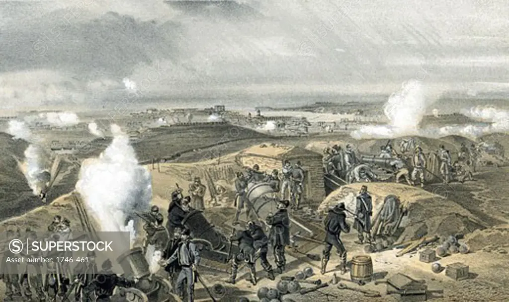 Crimean War 1853-1856: Siege of Sevastopol, October 1854 to September 1855. 'A Hot Day in the Batteries', scene in one of the Allies' batteries besieging the town, showing 13 inch and 10 inch mortars and siege-train guns from Naval Brigade. Tinted lithogr