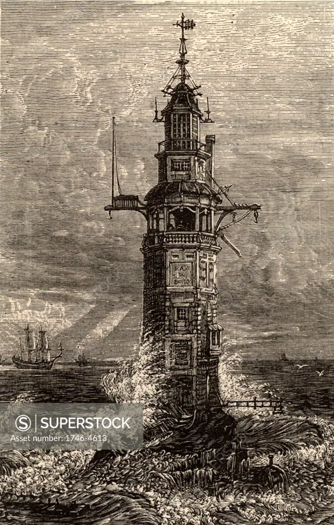 Second Eddystone lighthouse built on the Stone 13 miles South-east of Polperro, Cornwall, England, which claimed up to 50 ships a year.  Built by the English engineer and engraver Henry Winstanley (1644-1703) in 1699, destroyed in a gale on 26 November 1703. From The Pictorial Gallery of Arts by Charles Knight (London, c1851).   Engraving.