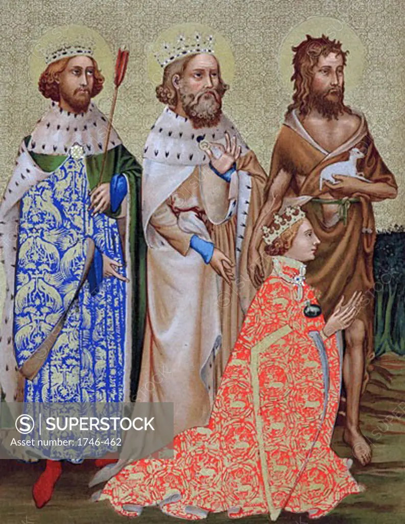 Richard II (1367-1400) King of England 1377-99, with his patron saints St Edmund (841-70) king of East Angles and of Suffolk martyred for refusing to give up Christian faith when captured by Danes, Edward the Confessor (1003-1066) king of England