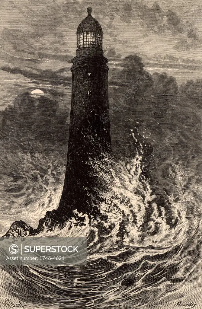 The fourth Eddystone lighthouse built on the Stone 13 miles South-east of Polperro, Cornwall, England.   Built by  the English civil engineer John Smeaton (1724-1792) beginning in 1756 it was in operation for 127 years. Engraving from The World of Wonders (London, 1896).