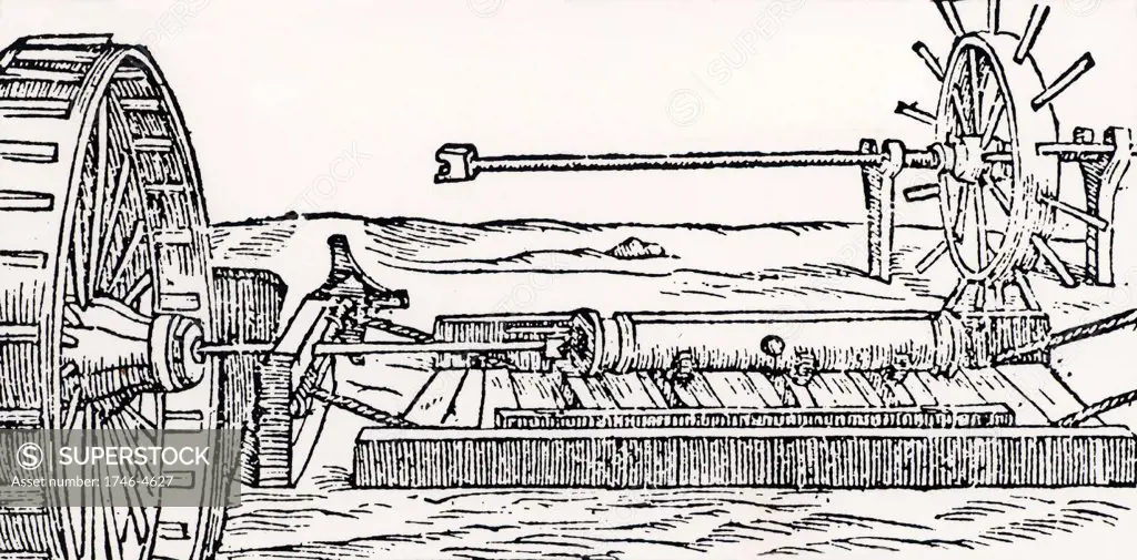 Boring cannon. In the left foreground is a two-man treadmill and in the right background is a handmill.   From De la pirotechnia by Vannoccio Biringuccio (Venice, 1540). Woodcut.