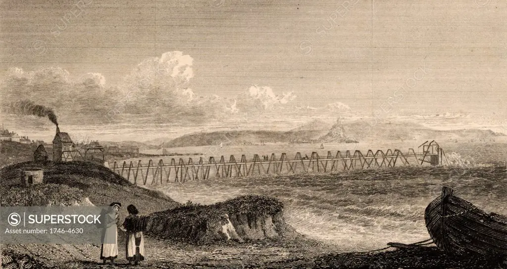 Wherry Mine, Mount's Bay, Penzance, Cornwall, England.  Wooden trestle bridge carrying the horizontal rods from the steam engine, left, to pump in the coffer dam at the end of the trestle which protected the shaft of the mine which was only uncovered at low water. Opened in 1781 to exploit a vein of quartz-feldspar porphyry, the mine was destroyed in 1798 when a ship in a storm destroyed the trestles and the coffer. Engraving from Transactions of the Royal Geological Society of Cornwall, 1818.