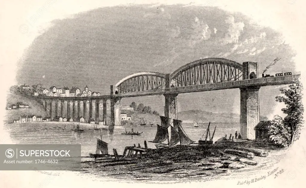The Royal Albert Bridge (Viaduct) at Saltash.  The Bridge carrying the railway over the estuary of the Tamar at Saltash and linking Devon and Cornwall, England.   Inaugurated by Prince Albert in May 1859, this was Isambard Kingdom Brunel's last masterpiece.  His use of prefabricated wrought iron tubes in this bow-string girder bridge was on a much larger scale than his innovative bridge at Chepstow. Engraving.