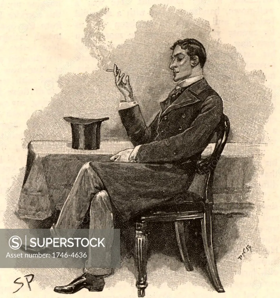 'The Adventure of the Musgrave Ritual'. Reginald Musgrave, a college friend of Holmes, asking for help in clearing up the mystery of the disappearance of his butler. From The Adventures of Sherlock Holmes by Conan Doyle from The Strand Magazine (London, 1893). Illustration by Sidney E Paget, the first artist to draw Sherlock Holmes.  Engraving.
