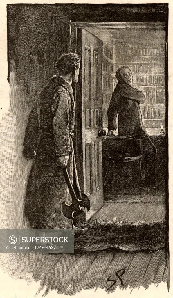 'The Adventure of the Musgrave Ritual'. Reginald Musgrave, seeing a light under the Library door in the middle of the night, is surprised to discover Brunton, his butler, not the burglar he expected. From The Adventures of Sherlock Holmes by Conan Doyle from The Strand Magazine (London, 1893). Illustration by Sidney E Paget, the first artist to draw Sherlock Holmes.  Engraving.