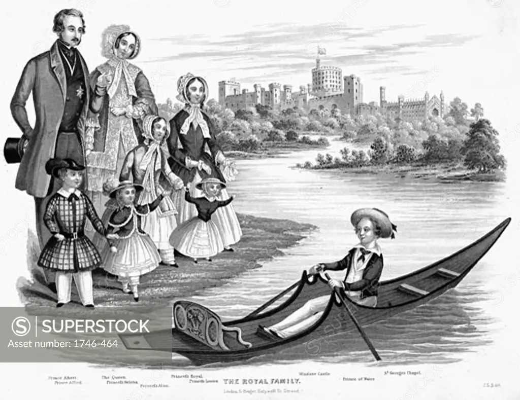 Queen Victoria and Prince Albert with their six eldest children: Louisa the youngest shown here, born 1848. In boat is Prince of Wales (later Edward VII)  Aquatint c1850