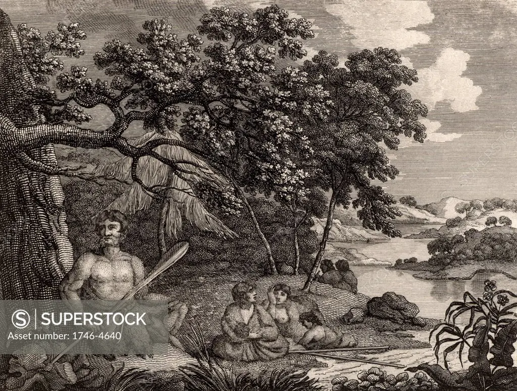 A Family in Dusk Bay, New Zealand'.  The Maori people are native to New Zealand which was visited by Cook on all three of his voyages. James Cook (1728-1779) British navigator, explorer and cartographer. Engraving from Captain Cook's Original Voyages Round the World (Woodbridge, Suffolk, c1815).