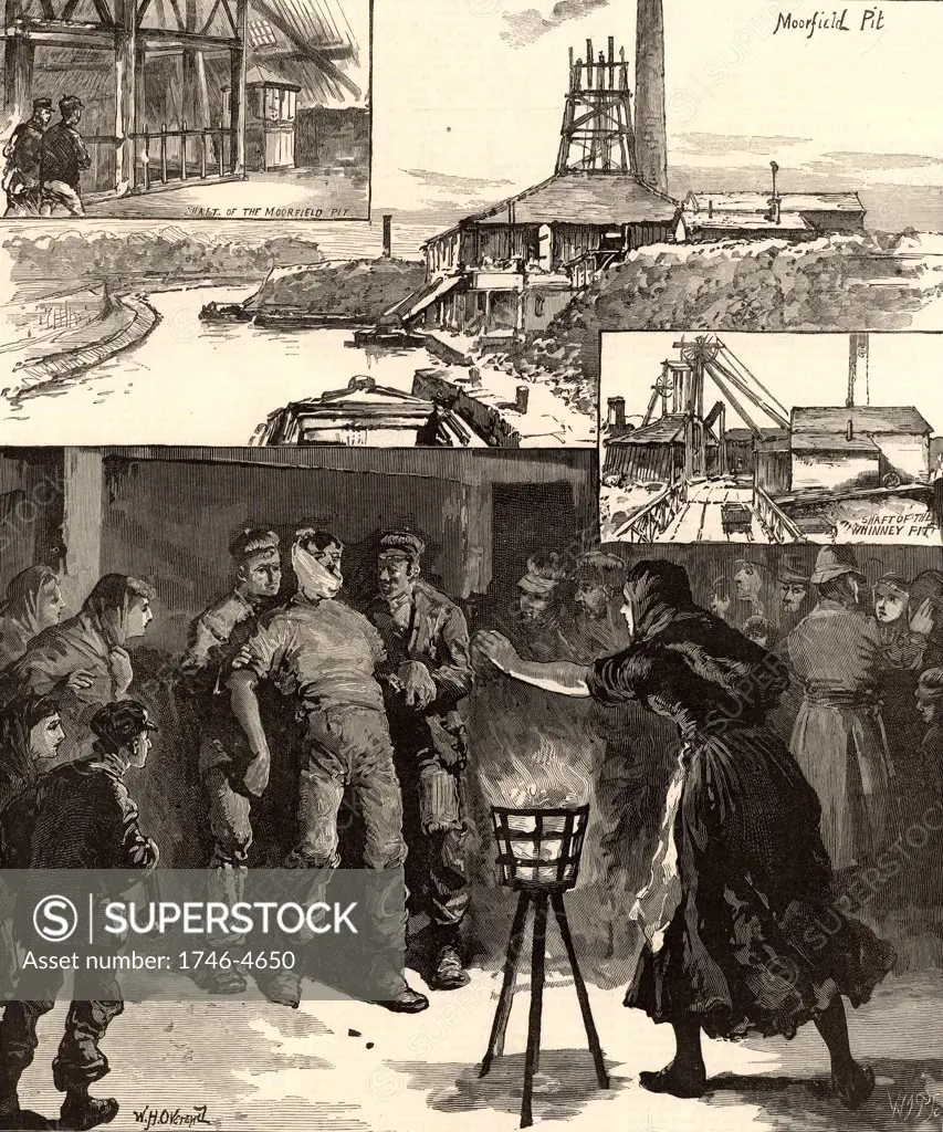 Colliery explosion near Accrington, North Lancashire, England,  November 1883. Of the 110 men and boys below ground at the time, 30 men died.  The main picture shows an injured miner (pitman) brought to the surface and his anxious wife rushing forward to greet him.  Engraving from The Illustrated London News (London, 17 November 1883).