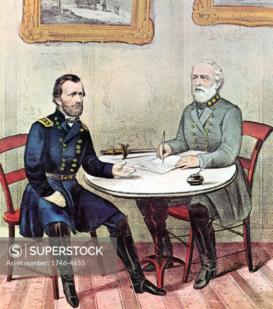 American Civil War: Generals Grant (left) and Lee meeting on Palm Sunday 1865 to work out terms for the surrender of Lee's Army of Northern Virginia. From a Currier & Ives print.