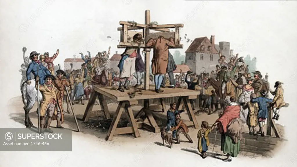 The Pillory. Four men being punished in the pillory jeered at by a crowd. By this date among crimes punishable by pillory were embezzlement of state property, perjury and swindling. Aquatint from WH Pyne Costume of England London 1805